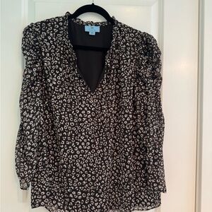 CeCe Black and White Leopard-Print V-Neck Blouse